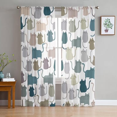 Kawaii Kleurrijke Kat Witte Transparante Gordijnen voor Woonkamerdecoratie Raamgordijnen voor Keuken Tule Voile Organza Gordijnen W135 x H115cm x1 white