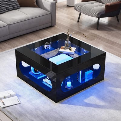 BLACKCOLORS - Vierkante salontafel - 70x70x35 cm - Hol midden - Blad van gehard glas - Bijzettafel voor woonkamer - LED-verlichting - Kersttafel - MDF - Wit