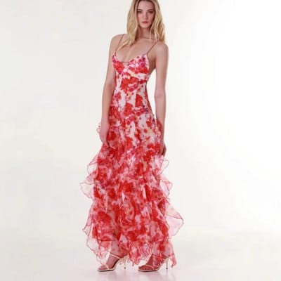 Nieuwe Off-the-shoulder Europese en Amerikaanse Dameskleding Mode Chiffon Print Fee Lang Temperament Avondjurk Jurk S rood