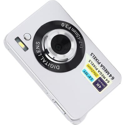 Appareil photo numérique portable 2,8 pouces 4K 64 MP HD, zoom 20x, autofocus, pour vlogging, filles, garçons et adolescents argenté
