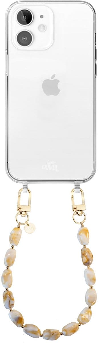 xoxo Wildhearts telefoonhoesje geschikt voor iPhone 11 - Moonlight (kort koord) - siliconen hoesje met koord - Backcover met telefoonkoord - Telefoonhanger stenen ketting - Beige / Wit