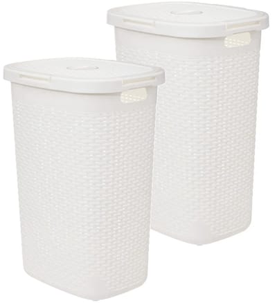5Five Wasmand met deksel Rotan - 2x - wit - gevlochten kunststof - 60 liter - 45 x 35 x 66 cm