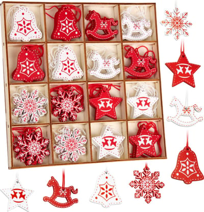 BRUBAKER 48-Delig Kerstboomhangerset - Boomversiering Rood Wit Van Hout 3-4 cm - Schommelpaarden Sterren Klokken - Deco Hanger Weihnachten - Houten Kerstboomhangers - Kerstboomversiering
