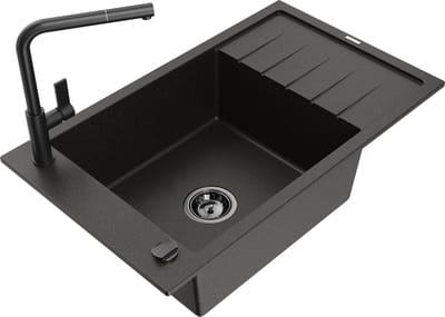 Mexen Elias granieten spoelbak 1-komors met afdruiprek en keukenkraan Flora, zwart/goud metallic - 6511-75-670401-70-B