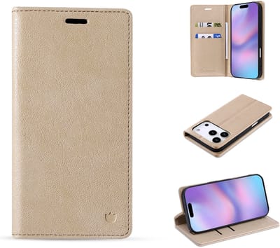Casemania Hoesje Geschikt voor Apple iPhone 17 Pro - Soft Beige - Dunne Bookcase met Pasjeshouder - Slim Wallet Case van Lederlook met Fijne Nerf en Rijke Glans