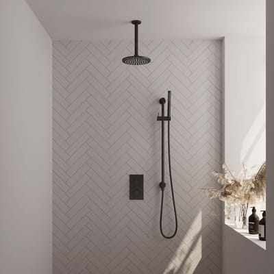 Brauer Black Edition thermostatische inbouw regendouche 3-weg omstelling SET 41 met 20 cm douchekop en plafondarm en staaf handdouche en doucheslang en geïntegreerde glijstang mat zwart