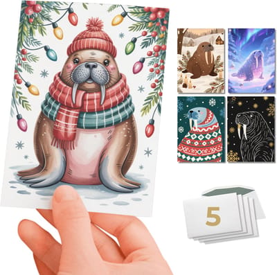 Inspra Studio – Luxe Kerstkaarten met Enveloppen – 5 Stuks – Dieren Wenskaarten Collectie – Mix van 5 Unieke Illustratiestijlen – Walrus