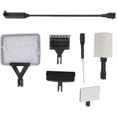 Outils de nettoyage pour aquarium 6 en 1 comprenant Grattoir à algues Pelle à sable Brosse Filet à poissons Éponge de nettoyage plate à angle droit white