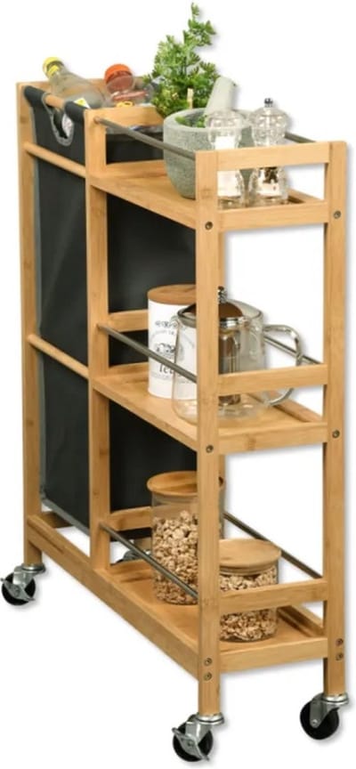 Keukenwagen, Keukentrolley, Nissenwagen, FSC Bamboe , Textieltas, 78x68x20cm