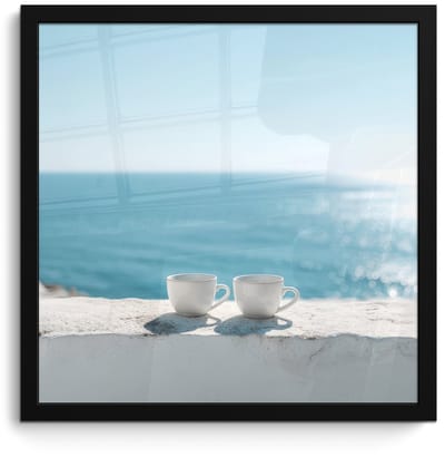 Poster in lijst - Fotolijst 40x40 cm - Posters - Zee - Koffiekopjes - Zomers - Posterlijst zwart - Decoratie - Wanddecoratie woonkamer - Muurdecoratie slaapkamer