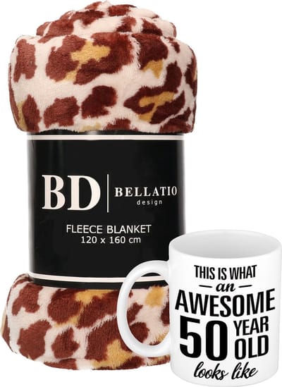 Cadeau verjaardag 50 jaar/ Sarah vrouw - Fleece plaid/deken panter print met Awesome 50 year mok