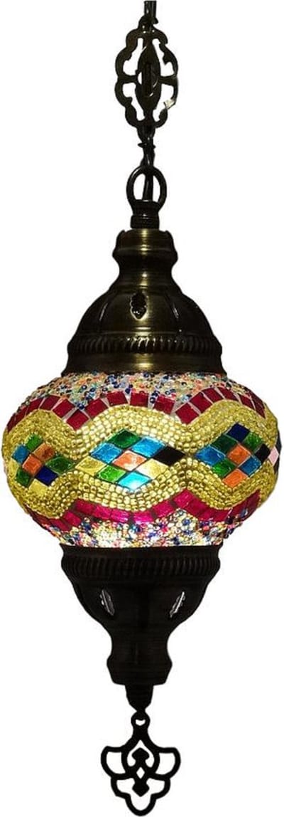 Oosterse lamp - hanglamp van glasmozaïek - 1 stuk - geel en bont met messing beslag