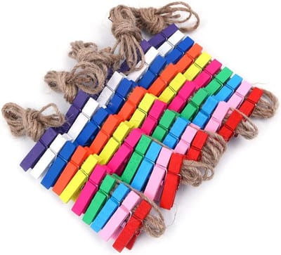 50 houten wasknijpers van 1,3 inch met 2 meter jute koord voor knijpers, decoratie en hobbygebruik