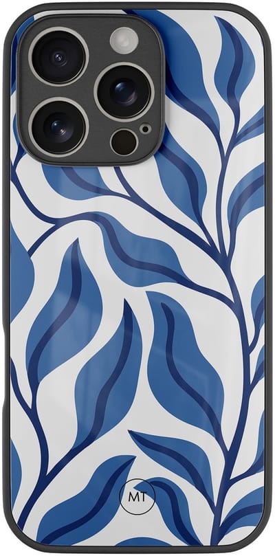 Hoesje geschikt voor iPhone 16 Pro - Blue leaves - Luxe Hard Case - Print - Blauw - Mooie Telefoonhoesjes