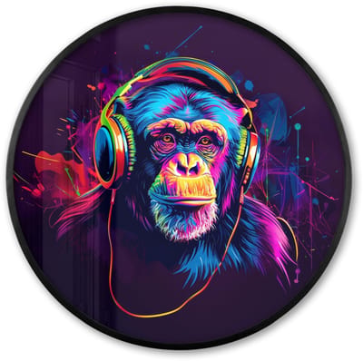 Poster in lijst Rond - Fotolijst 60x60 cm - Posters - Aap - Koptelefoon - Muziek - Kleurrijk - Ronde posterlijst zwart - Decoratie - Wanddecoratie woonkamer - Muurdecoratie slaapkamer