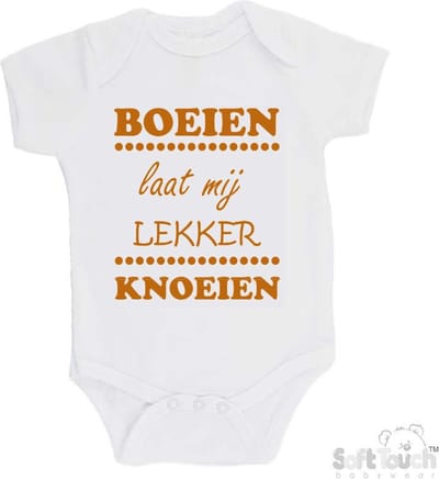 100% katoenen Romper "Boeien laat mij lekker knoeien" Unisex Katoen Wit/tan Maat 62/68