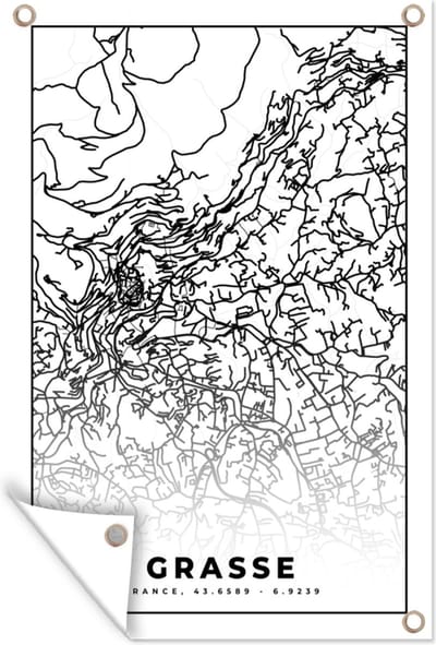 Muurdecoratie Frankrijk - Plattegrond - Grasse - Stadskaart - Kaart - Zwart wit - 120x180 cm - Tuinposter - Tuindoek
