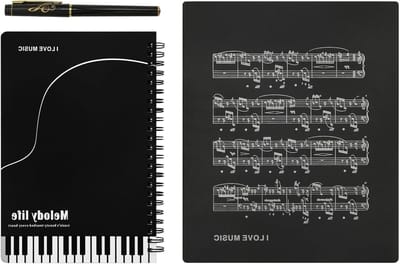 Piano en muziek thema briefpapier set met A5 spiraalnotitieboek, notitieblok en cadeauverpakking, perfect voor muzikanten en liefhebbers van muzieknoten