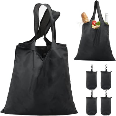 Set van 4 Vouwbare Winkeltassen, Zwart, 48 x 36.5 cm, Herbruikbaar, Oxford Stof, Ideaal voor Supermarkt, Voedsel, Reizen en Dagelijks Gebruik