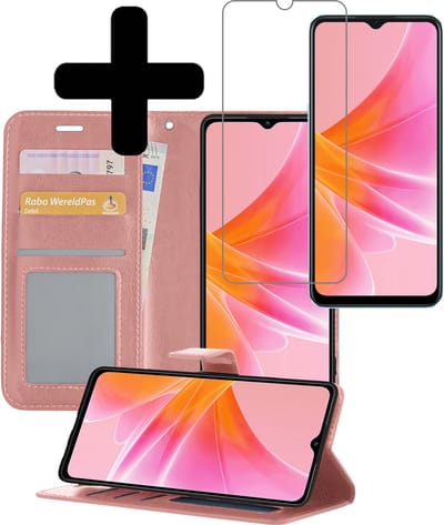 Hoesje - Met Screenprotector - Geschikt voor OPPO A17 - Luxe Pasjeshouder - Bookcase Portemonee - Flip Case - Kunstleer Book Case - Flipcase - Book Cover - Walletcase - Portemonneehoes - Telefoonhoesjes - Rosé goud
