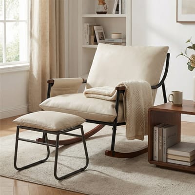 HomeMiYN Schommelstoel – Enkele Houten Armstoel – Beige Tech Fabric – Comfortabele Schommelstoel voor Woonkamer, Balkon of Slaapkamer – Ergonomische Schommelstoel met Stevig Frame – Eenvoudige Montage