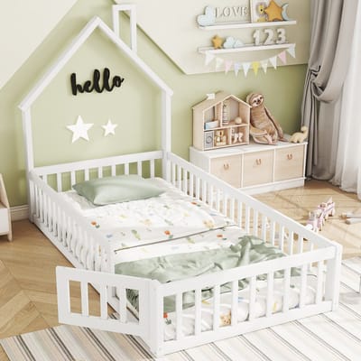 DESMIU Kinderbed 90x200 cm – Huisbed Met Schoorsteenvorm – Veiligheidshek Rondom – Zonder Matras – Voor Kinderkamer – Grenenhout En MDF – Wit