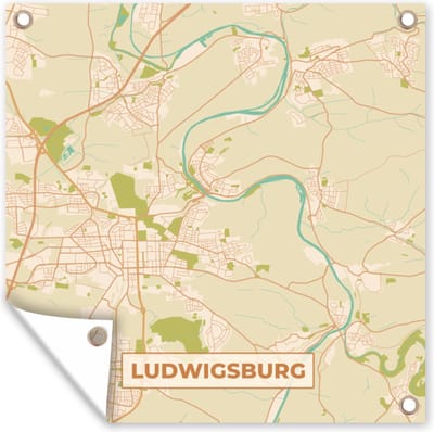 Tuin poster Kaart - Ludwigsburg - Plattegrond - Stadskaart - Vintage - 200x200 cm - Tuindoek