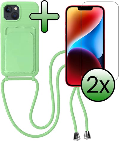 Hoes Geschikt voor iPhone 13 Hoesje Pas Houder Case Hoes Met Koord Met 2x Screenprotector - Hoesje Geschikt voor iPhone 13 Hoes Met Telefoonkoord Pasjeshouder Cover - Groen