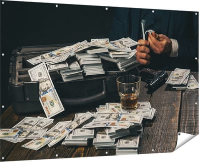 Gards Tuinposter Dollar Geld Briefjes op Tafel van de Maffia - 180x120 cm - Tuindoek - Tuindecoratie - Wanddecoratie buiten - Tuinschilderij