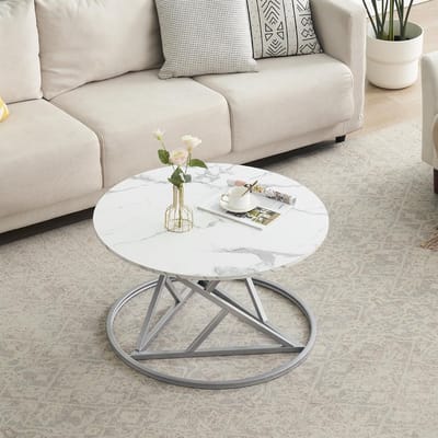 Ronde Moderne Salontafel Wit Marmerlook met Zilveren Metalen Poten