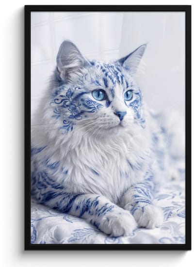 Poster in lijst - Fotolijst 60x90 cm - Posters - Kat - Patroon - Blauw - Posterlijst zwart - Decoratie - Wanddecoratie woonkamer - Muurdecoratie slaapkamer