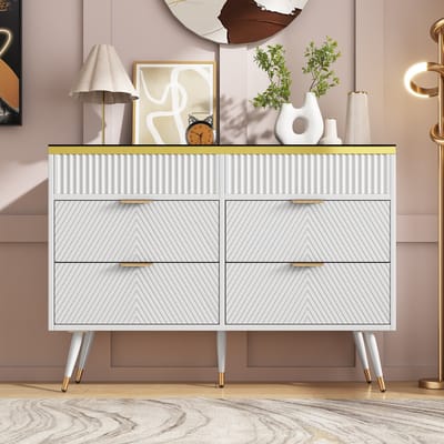 MODFU Sideboard Kommode van Amberglas met 6 Lades en Indeling, Kipbestendig, Hoge Kast voor Slaapkamer en Woonruimtes, 120 x 40 x 76 cm, Wit