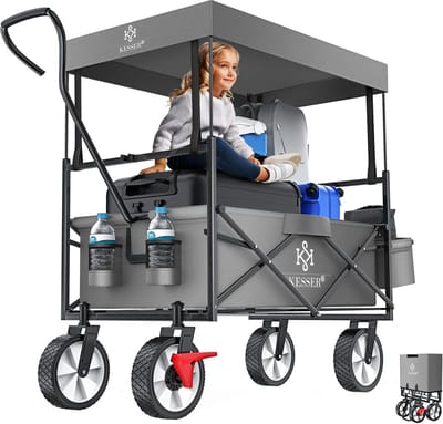 Opvouwbare Bolderkar - Transportwagen met dak - Uitstapjes met kinderen - Massieve banden en rem - 100 kg draagvermogen - Grijs
