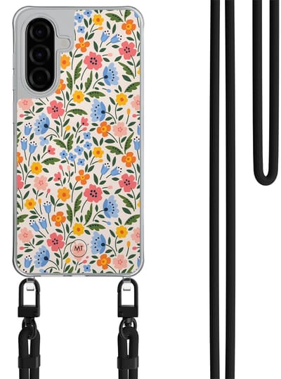 Hoesje met koord geschikt voor Samsung Galaxy A56 - Romantische bloemen - Inclusief Zwart koord - Crossbody beschermhoes - Transparant, Multi - Mooie Telefoonhoesjes