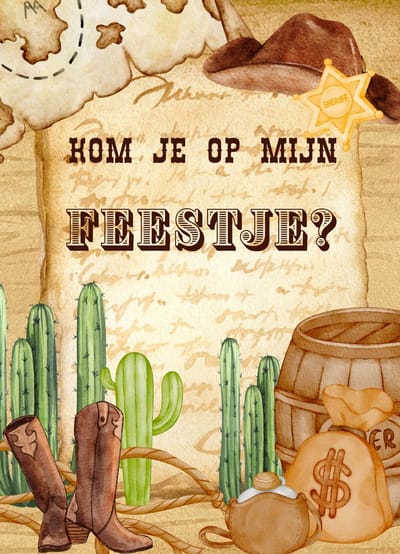 5 Uitnodigingskaarten - Uitnodiging feestje jongens- Cowboystijl- Wilde westen - Feestjeskaart met invulruimte - Aquarel tekening- kwaliteitskaart 400 grams papie
