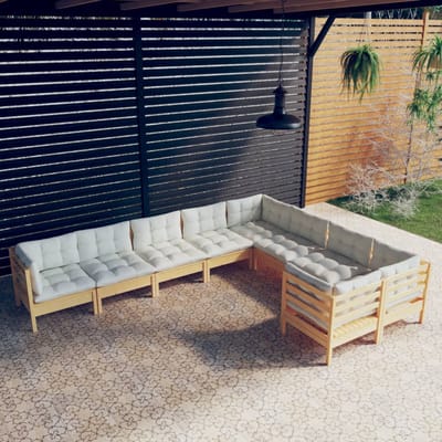 vidaXL - 9-delige - Loungeset - met - crèmekleurige - kussens - grenenhout