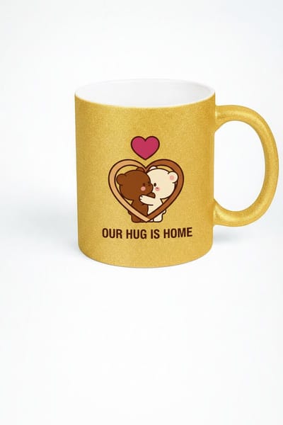 Gouden Glitter Mok met Knuffelende Beertjes en Hart | 'Our Hug Is Home' Liefdesbeker | Uniek Cadeau