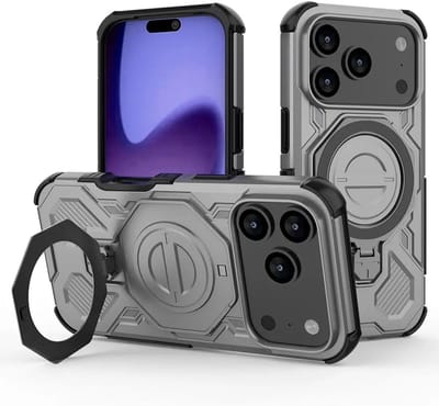 Hoesje geschikt voor Apple iPhone 18 Pro / 17 Pro | Compatibel met MagSafe / Qi2 | 360° Draaibare Magnetische Standaard | Back Cover Kickstand Ring | Grijs