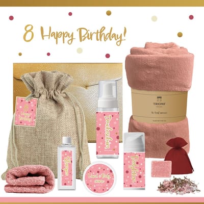Geschenkset “8 Happy Birthday!” - 8 producten - 1210 gram - Triomf Cosmetica | Luxe Cadeaubox voor haar Wellness Pakket Meisje Giftset Party Cadeaupakket Acht Jarige Verjaardag Gefeliciteerd Cadeau Speciaal Feestje Gift Set Oud Roze