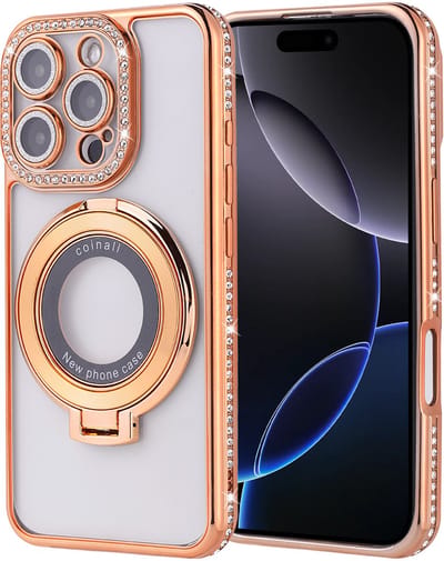 Hoesje Geschikt voor iPhone 16 Pro Max Magsafe hoesje Goud - Lens beschermer ring Luxury Bling Sparkly Diamond backcover