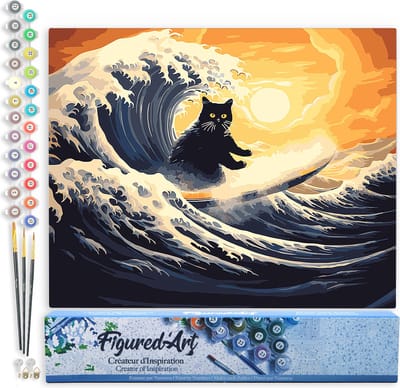 Figured'Art Schilderen op Nummer Volwassenen canvas De grote golf van de zwarte kat- Handwerk acrylverf Kit DIY Compleet - 40x50cm zonder frame