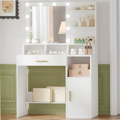 Sierra, Kaptafel met Spiegel en 10 Led Verlichting, met 3 Planken & 4 Open Compartimenten, Kaptafel met Grote Lade & Kast, 3 Verstelbare Lichtsterkte, WitVT08103X