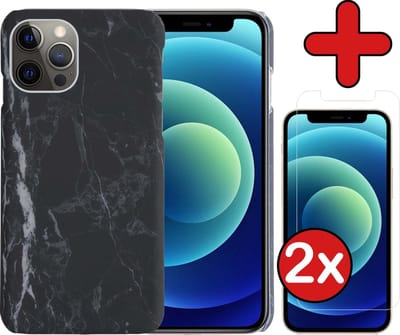 Hoesje Geschikt voor iPhone 12 Pro Hoesje Marmer Hardcover Fashion Case Hoes Met 2x Screenprotector - Hoes Geschikt voor iPhone 12 Pro Marmer Hoesje Hardcase Back Cover - Zwart