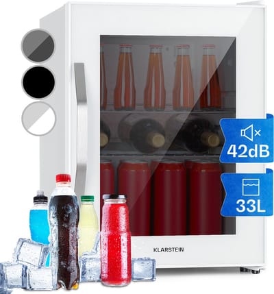 Klarstein Drankkoeler minikoelkast met glazen deur, minikoelkast voor op de kamer, kleine met verstelbare schappen, kleine koelkast van 33 liter, stille koelkast voor binnen en buiten - Drankenkoelkast - Touch - Wit - Drankkoelkast