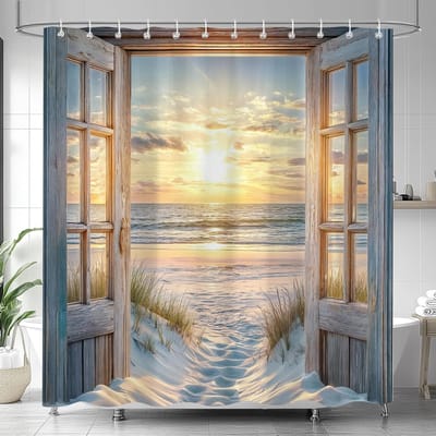 Kuststrand Douchegordijn, Blauwe Oceaan Golf Hawaïaanse Zonsondergang Oceaan Uitzicht Badkamer Boho Kust Douchegordijn, Vintage Landelijk W60H190(CM)-1 Pcs beige