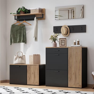 Pugsdrly Garderobeset, kast, ladekast, spiegel, 2 schoenenkasten, zonder decoratie, garderobepaneel met spiegel, hoedenplank en 4 haken, schoenenkast met bank, hal met scheidingswand met opbergruimte