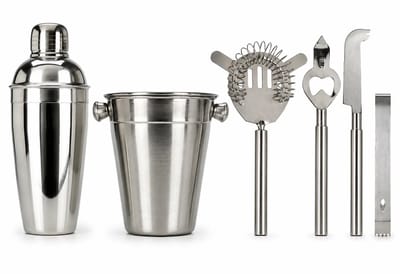 HEM Barset met Cocktailshaker RVS 6-Delig – Cocktailset met IJsbucket, Zeef, Opener, Tang en Mes – Professionele Cocktail Shaker Set – Inclusief HEM Microvezeldoekje