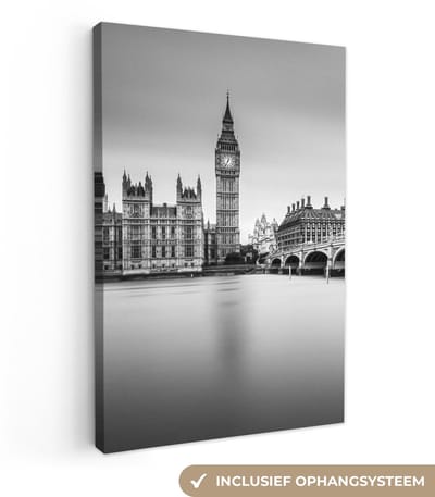 Canvas schilderij 20x30 cm - Wanddecoratie Londen - Big Ben - Water - Skyline - Zwart wit - Muurdecoratie woonkamer - Slaapkamer decoratie - Kamer accessoires - Schilderijen op canvas