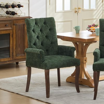 Eetkamerstoelen - Eetkamerstoel - Gestoffeerde eetkamerstoel - Eettafelstoel - Stoel - Met armleuningen - Chenille - Massief houten stoelpoten - Modern Design - Olijfgroen