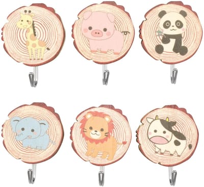 Dailygoods- Haken 6 Stuks - Zelfklevende Houten Dierenhaken - Wandhaken voor Kleding/Sleutels/Hoeden - Kindvriendelijk/Milieuvriendelijk - Maximaal 2,5 kg Belastbaar - Kinderhaken
